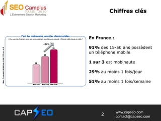 Chiffres clésEn France : 91% des 15-50 ans possèdent un téléphone mobile1 sur 3 est mobinaute29% au moins 1 fois/jour51% au moins 1 fois/semaine2