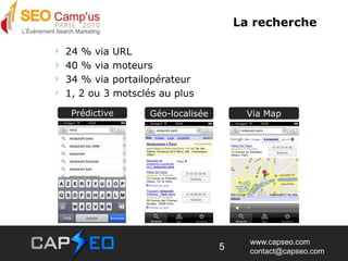 La recherche  24 % via URL   40 % via moteurs  34 % via portailopérateur  1, 2 ou 3 motsclés au plusVia MapPrédictive5Géo-localisée