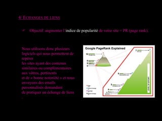4/ Echanges de liensF Objectif: augmenter l’indice de popularité de votre site = PR (page rank).Nous utilisons donc plusieurs logiciels qui nous permettent de repérer les sites ayant des contenus similaires ou complémentaires aux vôtres, pertinents et de « bonne notoriété » et nous envoyons des emails personnalisés demandant de pratiquer un échange de liens .