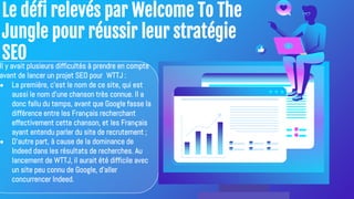 Le défi relevés par Welcome To The
Jungle pour réussir leur stratégie
SEO
Il y avait plusieurs difficultés à prendre en compte
avant de lancer un projet SEO pour WTTJ :
● La première, c'est le nom de ce site, qui est
aussi le nom d'une chanson très connue. Il a
donc fallu du temps, avant que Google fasse la
différence entre les Français recherchant
effectivement cette chanson, et les Français
ayant entendu parler du site de recrutement ;
● D'autre part, à cause de la dominance de
Indeed dans les résultats de recherches. Au
lancement de WTTJ, il aurait été difficile avec
un site peu connu de Google, d'aller
concurrencer Indeed.
 