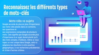 Reconnaissez les différents types
de mots-clés
Mots-clés vs sujets
Google accorde de plus en plus d'importance
aux mots-clés placés dans un contexte,
aux questions et
aux expressions composées de plusieurs
mots. Cela signifie que Google accorde plus
d'importance à un sujet donné plutôt qu'à
des mots simples. D'ailleurs, même si vous
tapez un mot unique dans Google, celui-ci
adaptera les résultats à votre position
géographique, à vos recherches précédentes
et à bien d'autres critères.
 