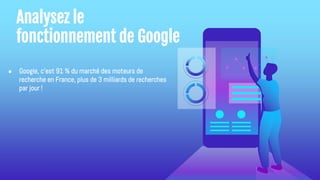 ● Google, c'est 91 % du marché des moteurs de
recherche en France, plus de 3 milliards de recherches
par jour !
Analysez le
fonctionnement de Google
 