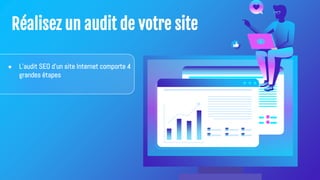 Réalisez un audit de votre site
● L'audit SEO d'un site Internet comporte 4
grandes étapes
 