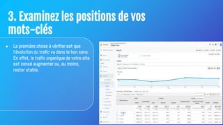 3. Examinez les positions de vos
mots-clés
● La première chose à vérifier est que
l'évolution du trafic va dans le bon sens.
En effet, le trafic organique de votre site
est censé augmenter ou, au moins,
rester stable.
 