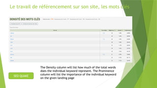 Le travail de référencement sur son site, les mots clés
SEO QUAKE
The Density column will list how much of the total words
does the individual keyword represent. The Prominence
column will list the importance of the individual keyword
on the given landing page
 