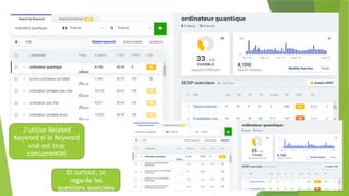 J’utilise Related
Keyword si le Keyword
visé est trop
concurrentiel
Et surtout, je
regarde les
questions associées
 