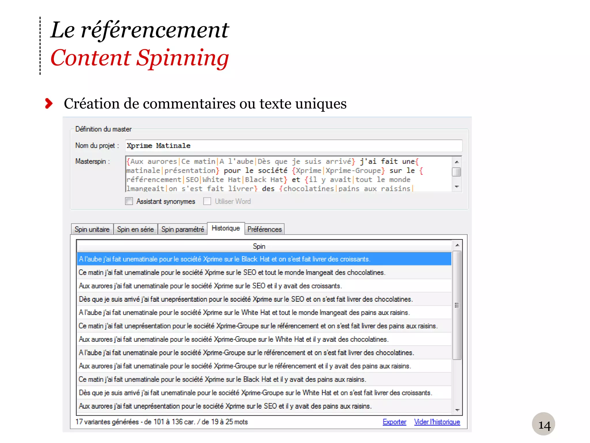 Le référencement
Content Spinning
 Création de commentaires ou texte uniques




                                             14
 