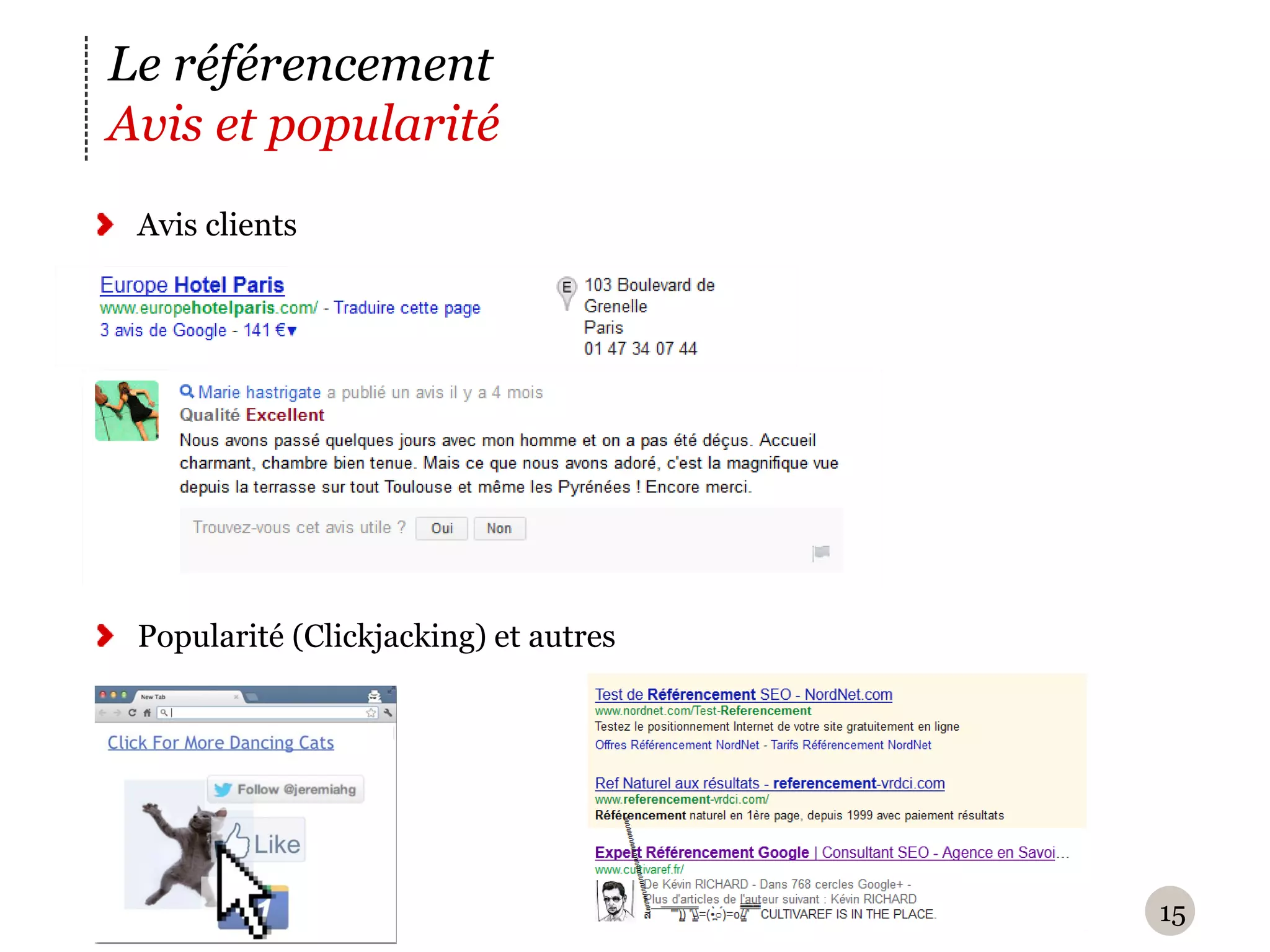 Le référencement
Avis et popularité
 Avis clients




 Popularité (Clickjacking) et autres




                                       15
 