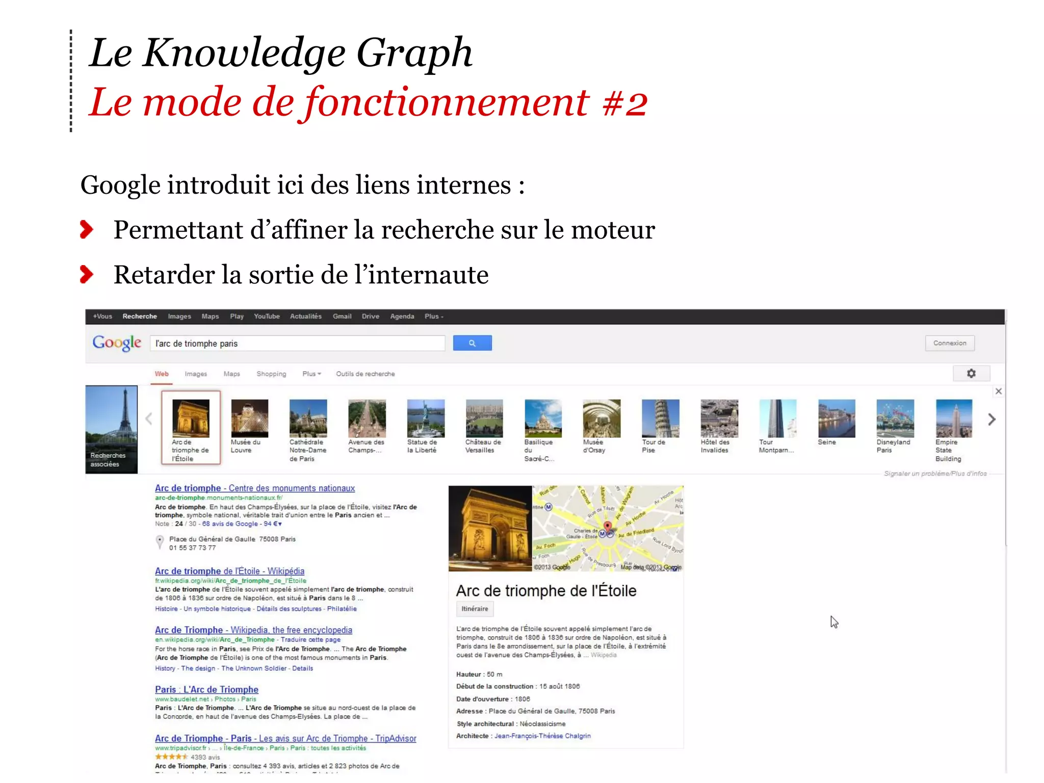 Le Knowledge Graph
Le mode de fonctionnement #2
G
‪ oogle introduit ici des liens internes :
   Permettant d’affiner la recherche sur le moteur
   Retarder la sortie de l’internaute




                                                     23
 