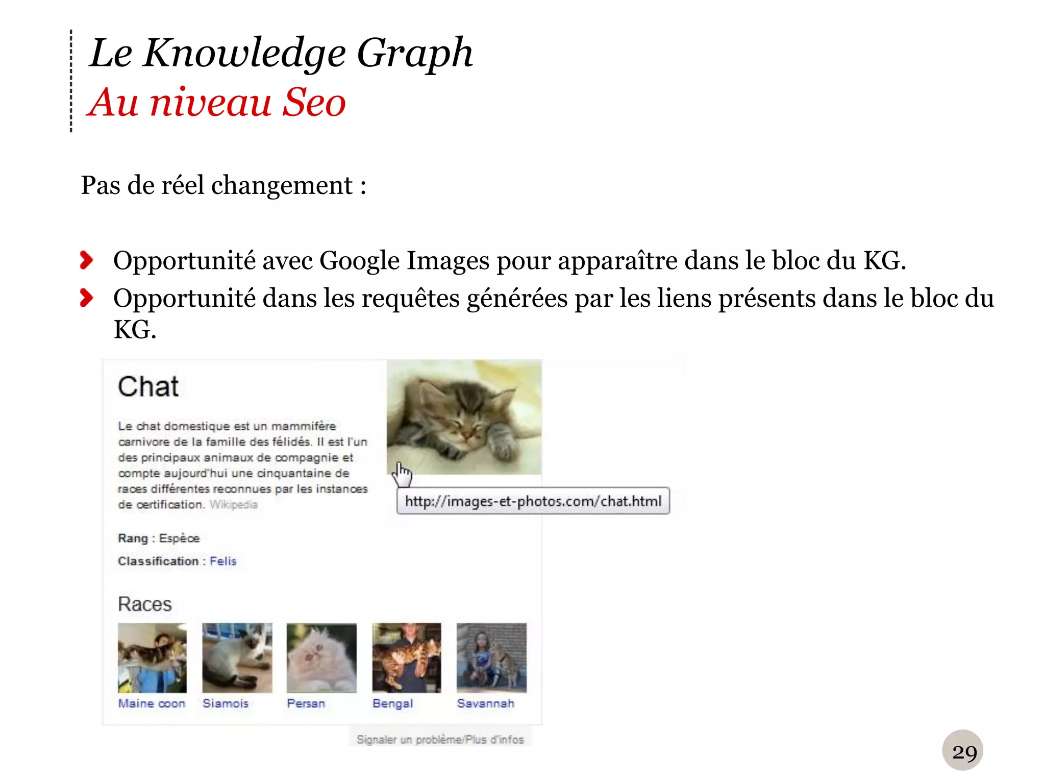 Le Knowledge Graph
Au niveau Seo
Pas de réel changement :

  Opportunité avec Google Images pour apparaître dans le bloc du KG.
  Opportunité dans les requêtes générées par les liens présents dans le bloc du
  KG.




                                                                           29
 