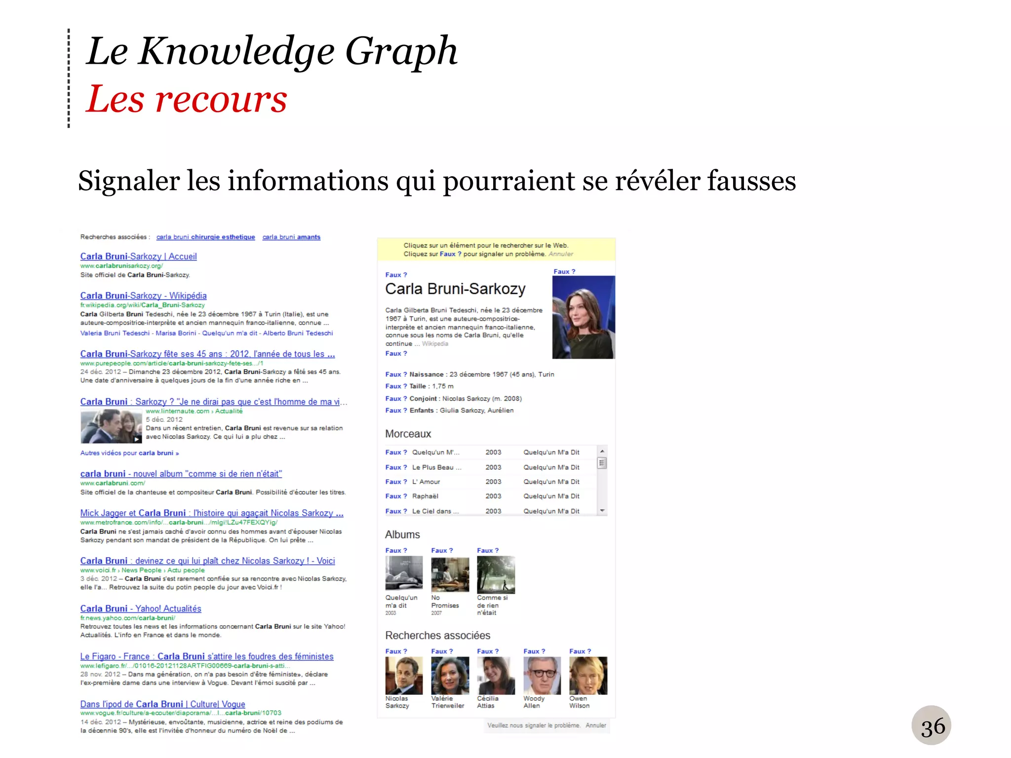 Le Knowledge Graph
Les recours
Signaler les informations qui pourraient se révéler fausses




                                                              36
 