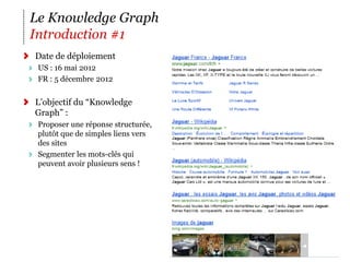 Le Knowledge Graph
Introduction #1
Date de déploiement
 US : 16 mai 2012
 FR : 5 décembre 2012


L’objectif du “Knowledge
Graph” :
 Proposer une réponse structurée,
 plutôt que de simples liens vers
 des sites
 Segmenter les mots-clés qui
 peuvent avoir plusieurs sens !




                                    19
 