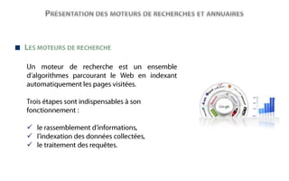 Présentation des moteurs de recherches et annuaires   Les moteurs de rechercheUn moteur de recherche est un ensemble d’algorithmes parcourant le Web en indexant automatiquement les pages visitées. Trois étapes sont indispensables à son fonctionnement :    le rassemblement d’informations,