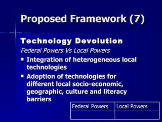 Proposed Framework (7)

Technology Devolution
Federal Powers Vs Local Powers
 Integration of heterogeneous local
  technologies
 Adoption of technologies for
  different local socio-economic,
  geographic, culture and literacy
  barriers
               Federal Powers   Local Powers
 