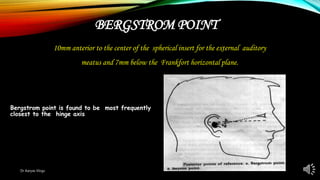 BERGSTROM POINT
10mm anterior to the center of the spherical insert for the external auditory
meatus and 7mm below the Frankfort horizontal plane.
Bergstrom point is found to be most frequently
closest to the hinge axis
Dr Aaryas Vlogs
 