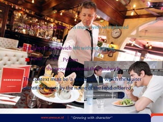 –The CheeseSandwich is made with whitebread
–The CheeseSandwichleftwithoutpaying
Food
= theperson ordered theSandwich
The context mustbe ‘a restaurant’ in which thewaiter
identifiedbuyer by thename of thefood ordered
Person
 