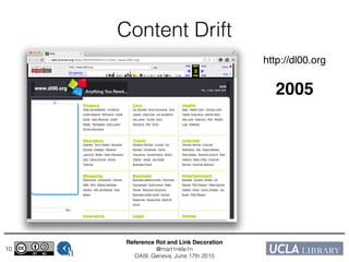 Reference Rot and Link Decoration!
@mart1nkle1n!
OAI9, Geneva, June 17th 2015
10
Content Drift
http://dl00.org!
!
2005
 