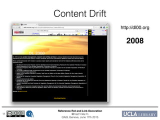 Reference Rot and Link Decoration!
@mart1nkle1n!
OAI9, Geneva, June 17th 2015
11
Content Drift
http://dl00.org!
!
2008
 