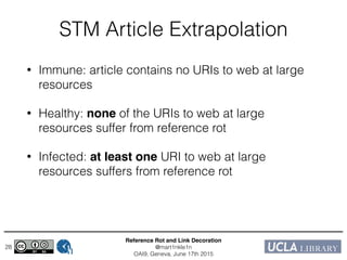Reference Rot and Link Decoration!
@mart1nkle1n!
OAI9, Geneva, June 17th 2015
STM Article Extrapolation
• Immune: article contains no URIs to web at large
resources
• Healthy: none of the URIs to web at large
resources suffer from reference rot
• Infected: at least one URI to web at large
resources suffers from reference rot
28
 