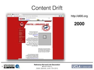 Reference Rot and Link Decoration!
@mart1nkle1n!
OAI9, Geneva, June 17th 2015
8
Content Drift
http://dl00.org!
!
2000
 