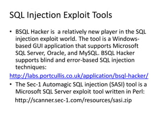 Resources :SQL Injection White Papers■ “Advanced SQL Injection” by Victor Chapela:www.owasp.org/index.php/Image:Advanced_SQL_Injection.ppt“Advanced SQL Injection in SQL Server Applications” by Chris Anley:www.ngssoftware.com/papers/advanced_sql_injection.pdf■ “Buffer Truncation Abuse in .NET and Microsoft SQL Server” by GaryO’Leary-Steele:http://scanner.sec-1.com/resources/bta.pdf■ “Access through Access” by Brett Moore:www.insomniasec.com/publications/Access-Through-Access.pdf■ “Time-Based Blind SQL Injection with Heavy Queries” by Chema Alonso:http://technet.microsoft.com/en-us/library/cc512676.aspxSQL Injection Cheat Sheets■ PentestMonkey.com SQL injection cheat sheets for Oracle, Microsoft SQL Server,MySQL, PostgreSQL, Ingres, DB2, and Informix:http://pentestmonkey.net/cheat-sheets/■ Michaeldaw.org SQL injection cheat sheets for Sybase, MySQL, Oracle, PostgreSQL, DB2, and Ingres:http://michaeldaw.org/sql-injection-cheat-sheet/■ FerruhMavituna cheat sheets for MySQL, SQL Server, PostgreSQL, and Oracle:http://ferruh.mavituna.com/sql-injection-cheatsheet-oku/■ FerruhMavituna cheat sheets for Oracle:http://ferruh.mavituna.com/oracle-sql-injection-cheat-sheet-oku/622/04/2011CHAPTER  10