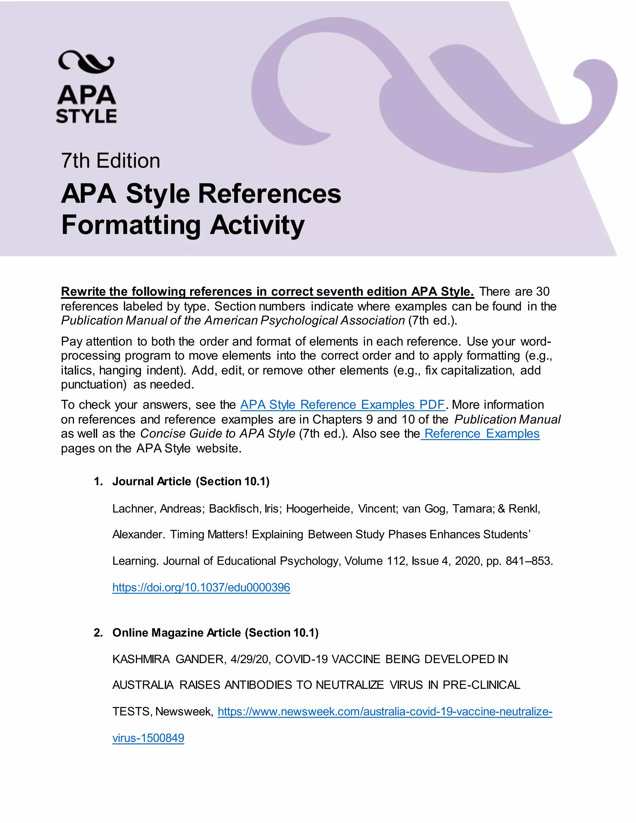 References formatting activity, 7th ed. | DOCX