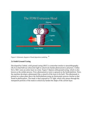 Figure 4: Schematic diagram of fused deposition modeling.
10
3.4 Solid Ground Curing
Developed by Cubital, solid ground curing (SGC) is somewhat similar to stereolithography
(SLA) in that both use ultraviolet light to selectively harden photosensitive polymers. Unlike
SLA, SGC cures an entire layer at a time. Figure 5 depicts solid ground curing, which is also
known as the solider process. First, photosensitive resin is sprayed on the build platform. Next,
the machine develops a photomask (like a stencil) of the layer to be built. This photomask is
printed on a glass plate above the build platform using an electrostatic process similar to that
found in photocopiers. The mask is then exposed to UV light, which only passes through the
transparent portions of the mask to selectively harden the shape of the current layer.
 
