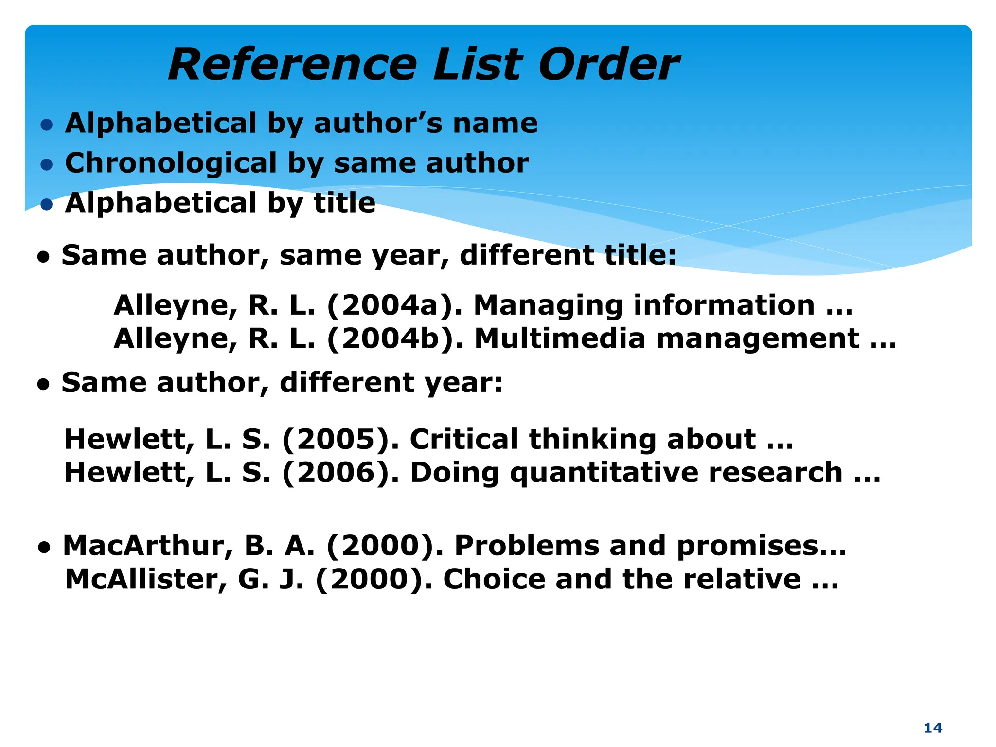 ● Alphabetical by author’s name
● Chronological by same author
● Alphabetical by title
14
Reference List Order
● Same author, same year, different title:
Alleyne, R. L. (2004a). Managing information …
Alleyne, R. L. (2004b). Multimedia management …
● Same author, different year:
Hewlett, L. S. (2005). Critical thinking about …
Hewlett, L. S. (2006). Doing quantitative research …
● MacArthur, B. A. (2000). Problems and promises…
McAllister, G. J. (2000). Choice and the relative …
 