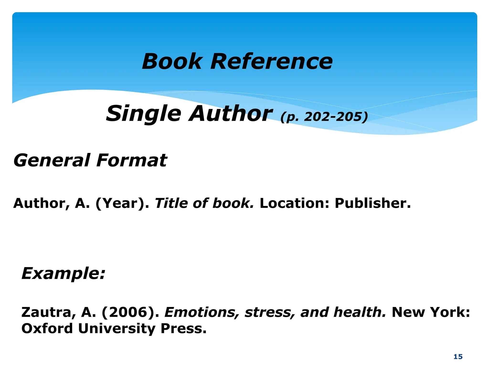 General Format
Author, A. (Year). Title of book. Location: Publisher.
15
Book Reference
Single Author (p. 202-205)
Example:
Zautra, A. (2006). Emotions, stress, and health. New York:
Oxford University Press.
 