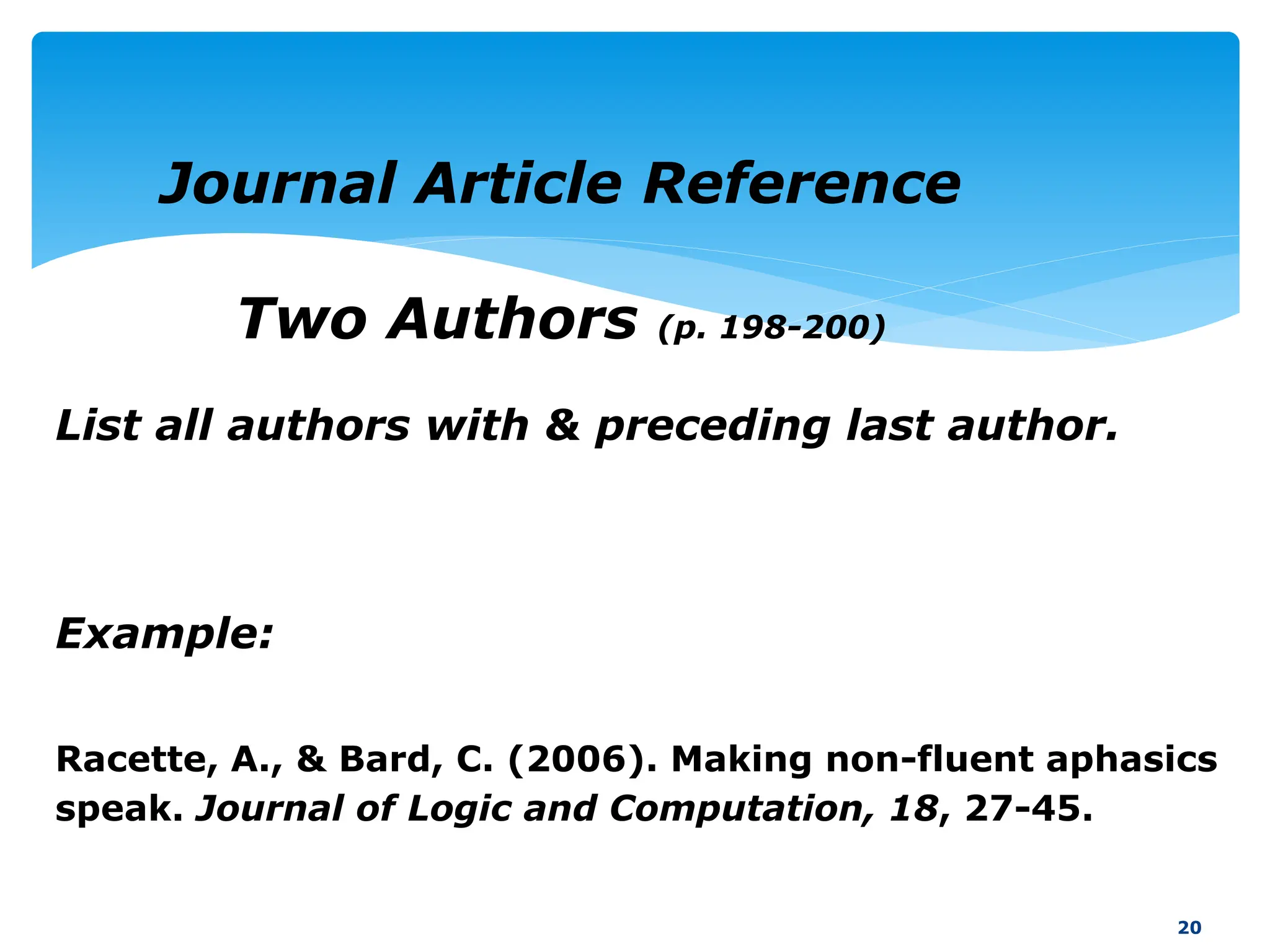 List all authors with & preceding last author.
Example:
Racette, A., & Bard, C. (2006). Making non-fluent aphasics
speak. Journal of Logic and Computation, 18, 27-45.
20
Journal Article Reference
Two Authors (p. 198-200)
 