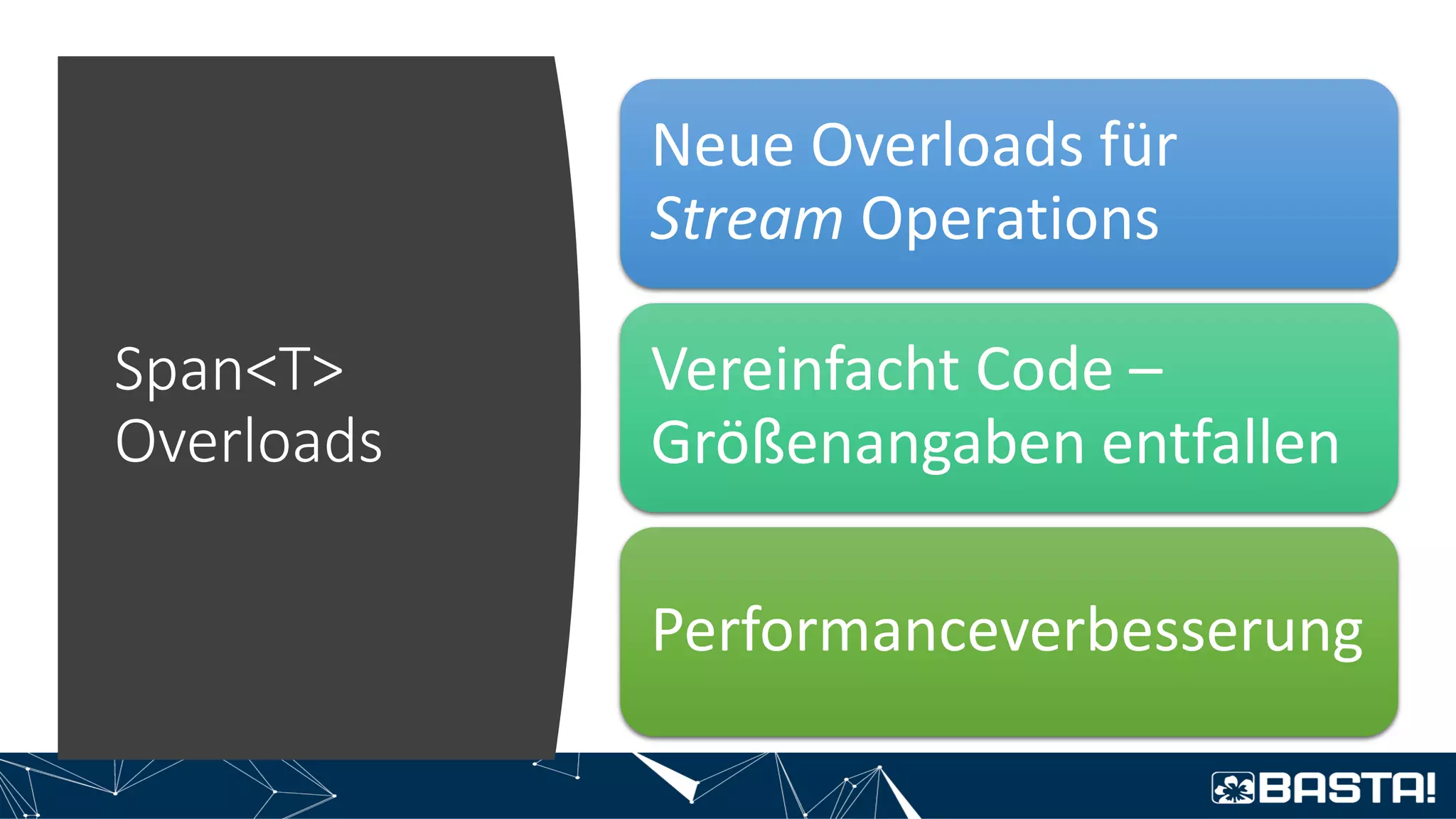 Span<T>
Overloads
Neue Overloads für
Stream Operations
Vereinfacht Code –
Größenangaben entfallen
Performanceverbesserung
 