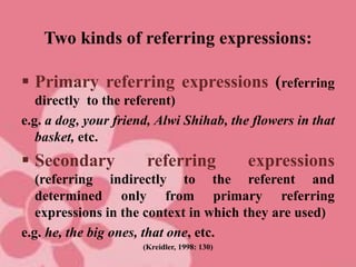 Two kinds of referring expressions:
 Primary referring expressions (referring
directly to the referent)
e.g. a dog, your friend, Alwi Shihab, the flowers in that
basket, etc.
 Secondary referring expressions
(referring indirectly to the referent and
determined only from primary referring
expressions in the context in which they are used)
e.g. he, the big ones, that one, etc.
(Kreidler, 1998: 130)
 