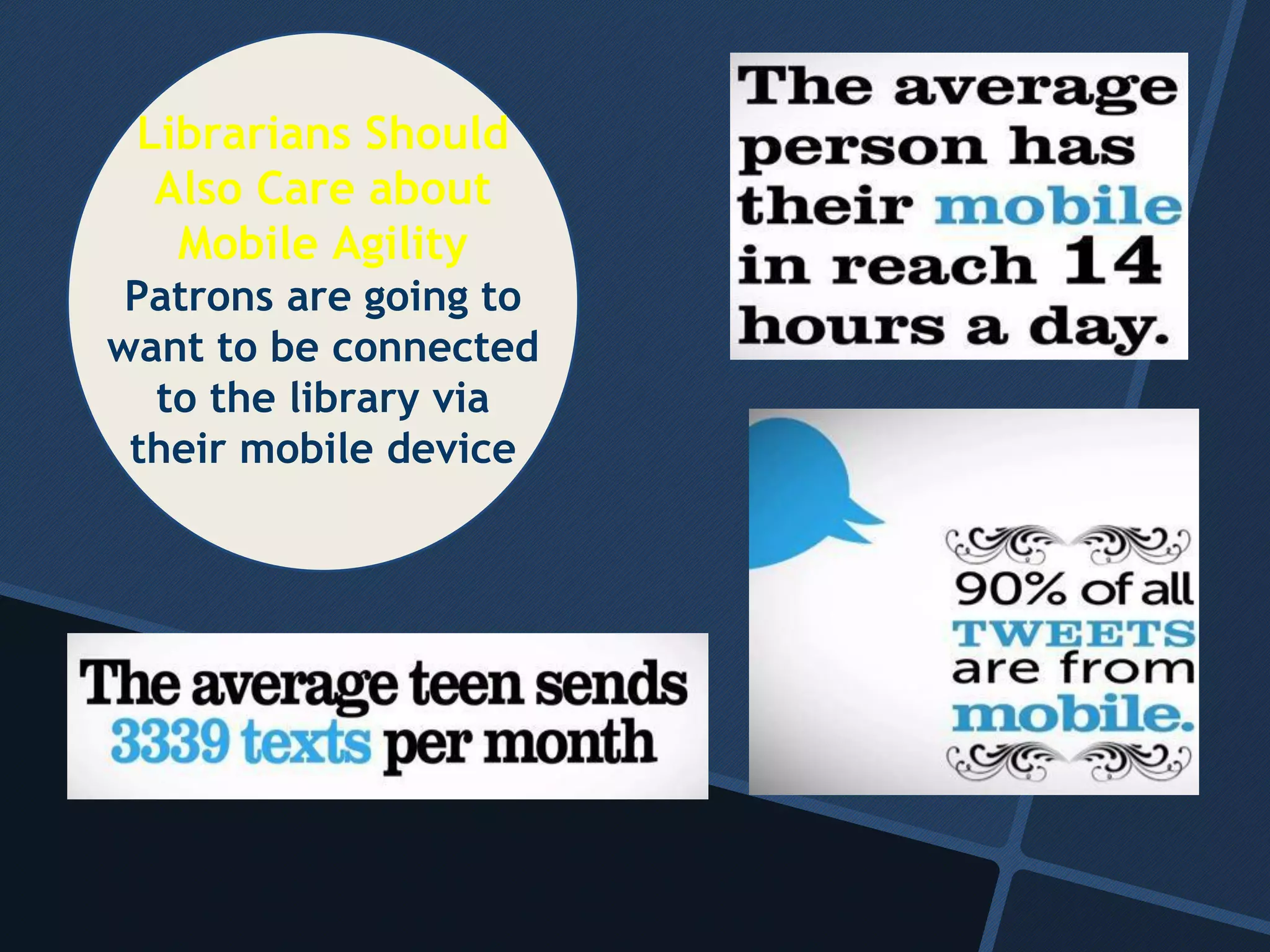 Librarians Should
Also Care about
Mobile Agility
Patrons are going to
want to be connected
to the library via
their mobile device
 