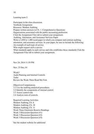 10
Learning team 5
Participate in the class discussion.
Textbook Assignment
Resource: Modern Auditing
Prepare written answers to Ch. 1: Comprehensive Questions:
Organizations associated with the public accounting profession.
Click the Assignment Files tab to submit your assignment.
Auditing, Attestation, and Assurance Services Paper
Write a 1,050 to 1,400 word paper in which you compare and contrast auditing,
attestation, and assurance services. In your paper, be sure to include the following:
An example of each type of service
Who might request such a service
What standards apply to each service and who establishes those standards Click the
Assignment Files tab to submit your assignment.
Nov 24, 2014 11:59 PM
Nov, 25 Dec, 01
Week3
Audit Planning and Internal Controls
Tasks
Review the Week Three Read Me First.
Objectives/Competencies
3.1 Use the auditing analytical procedures.
3.2 Identify the components of internal control.
3.3 Assess control risk.
3.4 Analyze tests of controls.
Required Learning Activities
Modern Auditing, Ch. 8
Modern Auditing, Ch. 10
Modern Auditing, Ch. 11
Week Three Electronic Reserve Readings
Week 3 Discussion Question (#1)
Week 3 Discussion Question (#2)
Week 3 Discussion Question (#3)
See the student website for additional
 