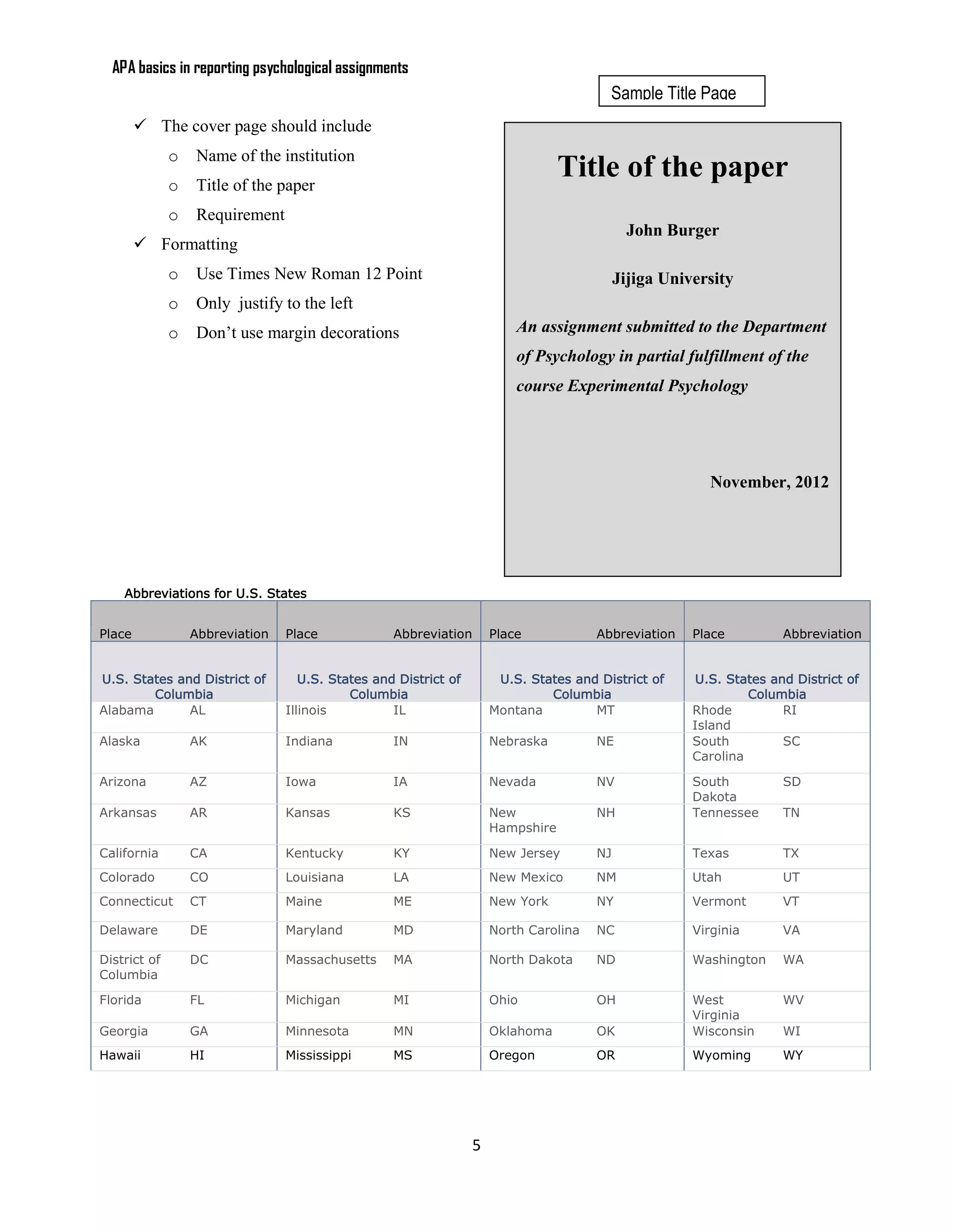 APA basics in reporting psychological assignments
                                                                                         Sample Title Page
         The cover page should include
              o   Name of the institution
              o   Title of the paper
                                                                                  Title of the paper
              o   Requirement
                                                                                             John Burger
         Formatting
              o   Use Times New Roman 12 Point                                              Jijiga University
              o   Only justify to the left
              o   Don’t use margin decorations                            An assignment submitted to the Department
                                                                          of Psychology in partial fulfillment of the
                                                                          course Experimental Psychology




                                                                                                          November, 2012




    Abbreviations for U.S. States


Place             Abbreviation   Place             Abbreviation       Place            Abbreviation    Place         Abbreviation


U.S. States and District of         U.S. States and District of        U.S. States and District of     U.S. States and District of
        Columbia                            Columbia                           Columbia                         Columbia
Alabama       AL                 Illinois          IL                 Montana         MT               Rhode         RI
                                                                                                       Island
Alaska            AK             Indiana           IN                 Nebraska         NE              South         SC
                                                                                                       Carolina

Arizona           AZ             Iowa              IA                 Nevada           NV              South         SD
                                                                                                       Dakota
Arkansas          AR             Kansas            KS                 New              NH              Tennessee     TN
                                                                      Hampshire

California        CA             Kentucky          KY                 New Jersey       NJ              Texas         TX
Colorado          CO             Louisiana         LA                 New Mexico       NM              Utah          UT
Connecticut       CT             Maine             ME                 New York         NY              Vermont       VT

Delaware          DE             Maryland          MD                 North Carolina   NC              Virginia      VA

District of       DC             Massachusetts     MA                 North Dakota     ND              Washington    WA
Columbia

Florida           FL             Michigan          MI                 Ohio             OH              West          WV
                                                                                                       Virginia
Georgia           GA             Minnesota         MN                 Oklahoma         OK              Wisconsin     WI
Hawaii            HI             Mississippi       MS                 Oregon           OR              Wyoming       WY




                                                                  5
 