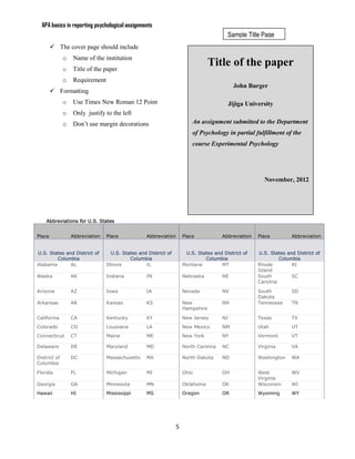 APA basics in reporting psychological assignments
                                                                                         Sample Title Page
         The cover page should include
              o   Name of the institution
              o   Title of the paper
                                                                                  Title of the paper
              o   Requirement
                                                                                             John Burger
         Formatting
              o   Use Times New Roman 12 Point                                              Jijiga University
              o   Only justify to the left
              o   Don’t use margin decorations                            An assignment submitted to the Department
                                                                          of Psychology in partial fulfillment of the
                                                                          course Experimental Psychology




                                                                                                          November, 2012




    Abbreviations for U.S. States


Place             Abbreviation   Place             Abbreviation       Place            Abbreviation    Place         Abbreviation


U.S. States and District of         U.S. States and District of        U.S. States and District of     U.S. States and District of
        Columbia                            Columbia                           Columbia                         Columbia
Alabama       AL                 Illinois          IL                 Montana         MT               Rhode         RI
                                                                                                       Island
Alaska            AK             Indiana           IN                 Nebraska         NE              South         SC
                                                                                                       Carolina

Arizona           AZ             Iowa              IA                 Nevada           NV              South         SD
                                                                                                       Dakota
Arkansas          AR             Kansas            KS                 New              NH              Tennessee     TN
                                                                      Hampshire

California        CA             Kentucky          KY                 New Jersey       NJ              Texas         TX
Colorado          CO             Louisiana         LA                 New Mexico       NM              Utah          UT
Connecticut       CT             Maine             ME                 New York         NY              Vermont       VT

Delaware          DE             Maryland          MD                 North Carolina   NC              Virginia      VA

District of       DC             Massachusetts     MA                 North Dakota     ND              Washington    WA
Columbia

Florida           FL             Michigan          MI                 Ohio             OH              West          WV
                                                                                                       Virginia
Georgia           GA             Minnesota         MN                 Oklahoma         OK              Wisconsin     WI
Hawaii            HI             Mississippi       MS                 Oregon           OR              Wyoming       WY




                                                                  5
 