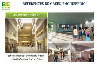 REFERENCES BE GREEN ENGINEERING

                             STATION SERVICE ENGEN




                                                                           •Réalisation d’une station service
                                                                            + boutiques
                                                                            •avec certification Green Star
                                                                           •Maître d’ouvrage : ENGEN
                                                                           •Architecte: QUADRA
                                                                           •Mission: Etude de faisabilité, BET
                                                                            TCE MOE




MEDIATHEQUE à Saint Paul                          ETUDES DE FAISABILITE BIOALGOSTRAL

                                                                                      •Construction d’un
                                                                                       bâtiment de bureaux et
                                                                                       unités de production
                                                                                       BIOALGUE
                       •Construction d’une
                        médiathèque.                                                   •Maître d’ouvrage :
                                                                                        BIOALGOSTRAL
                        •Maître d’ouvrage :
                         Mairie de Saint paul                                          •Architecte: Arche.IC
                                                                                        Denis CAMMAS
                        •Architecte: MARIN /
                         TROTTIN / JUMEAU                                              •Mission: BET TCE HQE
                        •Mission: BET FLUIDES                                          •Coût: 4 M€ HT
                         (Sous-traitance IOSIS)                                        •Date de réalisation:
                        •Coût : 3.5 M€ HT                                               2012
 