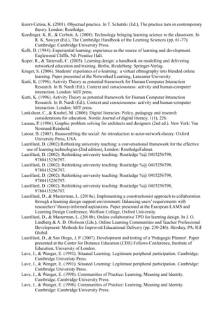 Knorr-Cetina, K. (2001). Objectual practice. In T. Schatzki (Ed.), The practice turn in contemporary
        theory. London: Routledge.
Koedinger, K. R., & Corbett, A. (2008). Technology bringing learning science to the classroom. In
        R. K. Sawyer (Ed.), The Cambridge Handbook of the Learning Sciences (pp. 61-77).
        Cambridge: Cambridge University Press.
Kolb, D. (1984). Experiential learning: experience as the source of learning and development.
        Englewood Clifffs, NJ: Prentice Hall.
Koper, R., & Tattersall, C. (2005). Learning design: a handbook on modelling and delivering
        networked education and training. Berlin, Heidelberg: Springer-Verlag.
Kruger, S. (2006). Students' experiencs of e-learning: a virtual ethnography into blended online
        learning. Paper presented at the Networked Learning, Lancaster University.
Kutti, K. (1996). Activity Theory as potential framework for Human Computer Interaction
        Research. In B. Nardi (Ed.), Context and consciousness: activity and human-computer
        interaction. London: MIT press.
Kutti, K. (1996). Activity Theory as potential framework for Human Computer Interaction
        Research. In B. Nardi (Ed.), Context and consciousness: activity and human-computer
        interaction. London: MIT press.
Lankshear, C., & Knobel, M. (2006). Digital literacies: Policy, pedagogy and research
        considerations for education. Nordic Journal of digital literacy, 1(1), 226.
Laseau, P. (1986). Graphic problem solving for architects and designers (2nd ed.). New York: Van
        Nostrand Reinhold.
Latour, B. (2005). Reassembling the social: An introduction to actor-network-theory: Oxford
        University Press, USA.
Laurillard, D. (2002) Rethinking university teaching: a conversational framework for the effective
  use of learning technologies (2nd edition), London: RoutledgeFalmer.
Laurillard, D. (2002). Rethinking university teaching: Routledge %@ 0415256798,
        9780415256797.
Laurillard, D. (2002). Rethinking university teaching: Routledge %@ 0415256798,
        9780415256797.
Laurillard, D. (2002). Rethinking university teaching: Routledge %@ 0415256798,
        9780415256797.
Laurillard, D. (2002). Rethinking university teaching: Routledge %@ 0415256798,
        9780415256797.
Laurillard, D., & Masterman, L. (2010a). Implementing a constructionist approach to collaboration
        through a learning design support environment: Balancing users’ requirements with
        researchers’ theory-informed aspirations. Paper presented at the European LAMS and
        Learning Design Conference, Wolfson College, Oxford University.
Laurillard, D., & Masterman, L. (2010b). Online collaborative TPD for learning design. In J. O.
        Lindberg & A. D. Olofsson (Eds.), Online Learning Communities and Teacher Professional
        Development: Methods for Improved Educational Delivery (pp. 230-246). Hershey, PA: IGI
        Global.
Laurillard, D., & San Diego, J. P. (2007). Development and testing of a 'Pedagogic Planner'. Paper
        presented at the Center for Distance Education (CDE) Fellows Conference, Institute of
        Education, University of London.
Lave, J., & Wenger, E. (1991). Situated Learning: Legitimate peripheral participation. Cambridge:
        Cambridge Univeristy Press.
Lave, J., & Wenger, E. (1991). Situated Learning: Legitimate peripheral participation. Cambridge:
        Cambridge Univeristy Press.
Lave, J., & Wenger, E. (1998). Communities of Practice: Learning, Meaning and Identity.
        Cambridge: Cambridge University Press.
Lave, J., & Wenger, E. (1998). Communities of Practice: Learning, Meaning and Identity.
        Cambridge: Cambridge University Press.
 