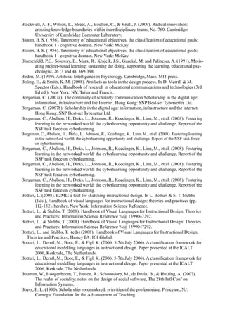 Blackwell, A. F., Wilson, L., Street, A., Boulton, C., & Knell, J. (2009). Radical innovation:
       crossing knowledge boundaries within interdisciplinary teams, No. 760. Cambridge:
       University of Cambridge Computer Laboratory.
Bloom, B. S. (1956). Taxonomy of educational objectives, the classification of educational goals:
       handbook 1 - cognitive domain. New York: McKay.
Bloom, B. S. (1956). Taxonomy of educational objectives, the classification of educational goals:
       handbook 1 - cognitive domain. New York: McKay.
Blumenfeld, P.C., Soloway, E., Marx, R., Krajcik, J.S., Guzdial, M. and Palincsar, A. (1991), Motiv-
       ating project-based learning: sustaining the doing, supporting the learning, educational psy-
       chologist, 26 (3 and 4), 369-398.
Boden, M. (1989). Artificial Intelligence in Psychology. Cambridge, Mass: MIT press.
Boling, E., & Smith, K. M. (2008). Artifacts as tools in the design process. In D. Merrill & M.
       Spector (Eds.), Handbook of research in educational communications and technologies (3rd
       Ed ed.). New York: NY: Tailor and Francis.
Borgeman, C. (2007a). The continuity of scholarly communication Scholarship in the digital age:
       information, infrastructure and the Internet. Hong Kong: SNP Best-set Typersetter Ltd.
Borgeman, C. (2007b). Scholarship in the digital age: information, infrastructure and the internet.
       Hong Kong: SNP Best-set Typesetter Ltd.
Borgeman, C., Abelson, H., Dirks, L., Johnson, R., Koedinger, K., Linn, M., et al. (2008). Fostering
       learning in the networked world: the cyberlearning opportunity and challenge, Report of the
       NSF task force on cyberlearning.
Borgeman, C., Abelson, H., Dirks, L., Johnson, R., Koedinger, K., Linn, M., et al. (2008). Fostering learning
      in the networked world: the cyberlearning opportunity and challenge, Report of the NSF task force
      on cyberlearning.
Borgeman, C., Abelson, H., Dirks, L., Johnson, R., Koedinger, K., Linn, M., et al. (2008). Fostering
        learning in the networked world: the cyberlearning opportunity and challenge, Report of the
        NSF task force on cyberlearning.
Borgeman, C., Abelson, H., Dirks, L., Johnson, R., Koedinger, K., Linn, M., et al. (2008). Fostering
        learning in the networked world: the cyberlearning opportunity and challenge, Report of the
        NSF task force on cyberlearning.
Borgeman, C., Abelson, H., Dirks, L., Johnson, R., Koedinger, K., Linn, M., et al. (2008). Fostering
        learning in the networked world: the cyberlearning opportunity and challenge, Report of the
        NSF task force on cyberlearning.
Botturi, L. (2008). E2ML: a tool for sketching instructional design. In L. Botturi & S. T. Stubbs
        (Eds.), Handbook of visual languages for instructional design: theories and practices (pp.
        112-132). hershey, New York: Information Science Reference.
Botturi, L., & Stubbs, T. (2008). Handbook of Visual Languages for Instructional Design: Theories
        and Practices: Information Science Reference %@ 1599047292.
Botturi, L., & Stubbs, T. (2008). Handbook of Visual Languages for Instructional Design: Theories
        and Practices: Information Science Reference %@ 1599047292.
Botturi, L., and Stubbs, T. (eds) (2008). Handbook of Visual Languages for Instructional Design.
  Theories and Practices, Hersey PA: IGI Global.
Botturi, L., Derntl, M., Boot, E., & Figl, K. (2006, 5-7th July 2006). A classification framework for
        educational modelling languages in instructional design. Paper presented at the ICALT
        2006, Kerkrade, The Netherlands.
Botturi, L., Derntl, M., Boot, E., & Figl, K. (2006, 5-7th July 2006). A classification framework for
        educational modelling languages in instructional design. Paper presented at the ICALT
        2006, Kerkrade, The Netherlands.
Bouman, W., Hoogenboom, T., Jansen, R., Schoondorp, M., de Bruin, B., & Huizing, A. (2007).
        The realm of sociality: notes on the design of social software, The 28th Intl Conf on
        Information Systems.
Boyer, E. L. (1990). Scholarship reconsidered: priorities of the professoriate. Princeton, NJ:
        Carnegie Foundation for the Advancement of Teaching.
 