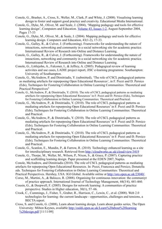 Conole, G., Brasher, A., Cross, S., Weller, M., Clark, P. and White, J. (2008). Visualising learning
       design to foster and support good practice and creativity. Educational Media International.
Conole, G., Dyke, M., Oliver, M. and Seale, J. (2004), ‘Mapping pedagogy and tools for effective
  learning design’, Computers and Education. Volume 43, Issues 1-2, August-September 2004,
  Pages 17-33
Conole, G., Dyke, M., Oliver, M., & Seale, J. (2004). Mapping pedagogy and tools for effective
       learning design. Computers and Education, 43(1-2), 17-33.
Conole, G., Galley, R., & Culver, J. (Forthcoming). Frameworks for understanding the nature of
       inteactions, networking and community in a social networking site for academic practice.
       Internatioanal Review of Research into Online and Distance Learning.
Conole, G., Galley, R., & Culver, J. (Forthcoming). Frameworks for understanding the nature of
       inteactions, networking and community in a social networking site for academic practice.
       Internatioanal Review of Research into Online and Distance Learning.
Conole, G., Littlejohn, A., Falconer, I., & Jeffrey, A. (2005). Pedagogical review of learning
       activiites and use cases, LADIE project report, JISC e-learning programme. Southampton:
       University of Southampton.
Conole, G., McAndrew, P. and Dimitriadis, Y. (submitted), ‘The role of CSCL pedagogical patterns
  as mediating artefacts for repurposing Open Educational Resources’, in F. Pozzi and D. Persico
  (Eds), Techniques for Fostering Collaboration in Online Learning Communities: Theoretical and
  Practical Perspectives"
Conole, G., McAndrew, P., & Dimitriadis, Y. (2010). The role of CSCL pedagogical patterns as mediating
        artefacts for repurposing Open Educational Resources’ in F. Pozzi and D. Persico (Eds), Techniques
        for Fostering Collaboration in Online Learning Communities: Theoretical and Practical.
Conole, G., McAndrew, P., & Dimitriadis, Y. (2010). The role of CSCL pedagogical patterns as
        mediating artefacts for repurposing Open Educational Resources’ in F. Pozzi and D. Persico
        (Eds), Techniques for Fostering Collaboration in Online Learning Communities: Theoretical
        and Practical.
Conole, G., McAndrew, P., & Dimitriadis, Y. (2010). The role of CSCL pedagogical patterns as
        mediating artefacts for repurposing Open Educational Resources’ in F. Pozzi and D. Persico
        (Eds), Techniques for Fostering Collaboration in Online Learning Communities: Theoretical
        and Practical.
Conole, G., McAndrew, P., & Dimitriadis, Y. (2010). The role of CSCL pedagogical patterns as
        mediating artefacts for repurposing Open Educational Resources’ in F. Pozzi and D. Persico
        (Eds), Techniques for Fostering Collaboration in Online Learning Communities: Theoretical
        and Practical.
Conole, G., Scanlon, E., Mundin, P., & Farrow, R. (2010). Technology enhanced learning as a site
        for interdisciplinary research. Retrieved from http://cloudworks.ac.uk/cloud/view/3419
Conole, G., Thorpe, M., Weller, M., Wilson, P., Nixon, S., & Grace, P. (2007). Capturing practice
        and scaffolding learning design. Paper presented at the EDEN 2007, Naples.
Conole, McAndrew, and Dimitriadis (2010). The role of CSCL pedagogical patterns as mediating
artefacts for repurposing Open Educational Resources. In: Pozzi, Francesca and Persico, Donatella
eds. Techniques for Fostering Collaboration in Online Learning Communities: Theoretical and
Practical Perspectives. Hershey, USA: IGI Global. Available online at http://oro.open.ac.uk/23040/.
Corso, M., Martini, A., & Balocco, R. (2008). Organising for continuous innovation: the communiyt
        of practice approach. International Journal of Technology Management, 44(3/4), 441-460.
Cousin, G., & Deepwell, F. (2005). Designs for network learning: A communities of practice
        perspective. Studies in Higher education, 30(1), 57–66.
Crook, C., Cummings, J., Fisher, T., Graber, R., Harrison, C., Lewin, C., et al. (2008). Web 2.0
        technologies for learning: the current landscape - opportunities, challenges and tensions, a
        BECTA report.
Cross, S. and Conole, G. (2008), Learn about learning design, Learn about guides series, The Open
   University: Milton Keynes, available http://ouldi.open.ac.uk/Learn%20about%20learning
   %20design.pdf [11/11/09]
 
