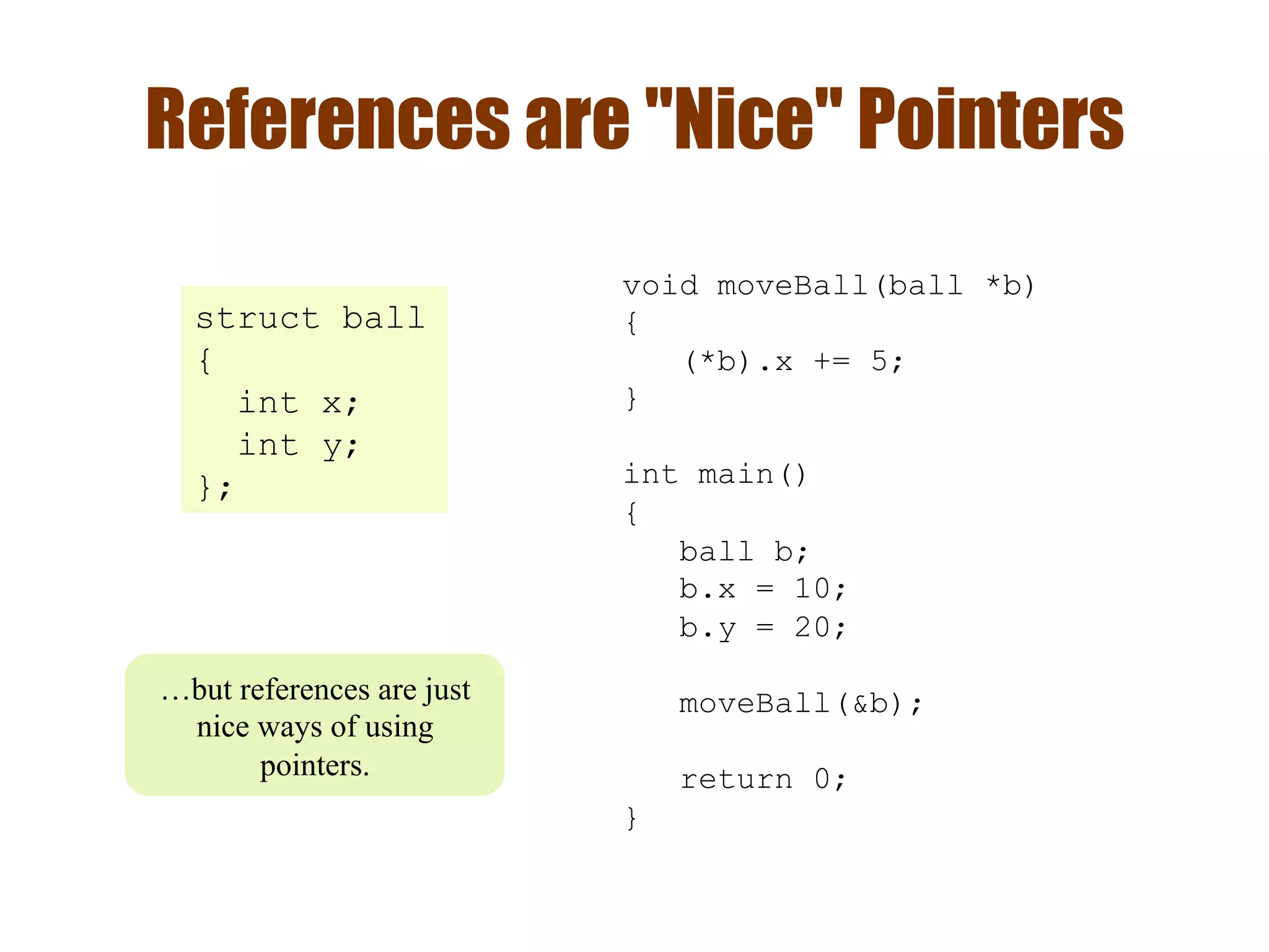 References are "Nice" Pointers
void moveBall(ball *b)
{
(*b).x += 5;
}
int main()
{
ball b;
b.x = 10;
b.y = 20;
moveBall(&b);
return 0;
}
…but references are just
nice ways of using
pointers.
struct ball
{
int x;
int y;
};