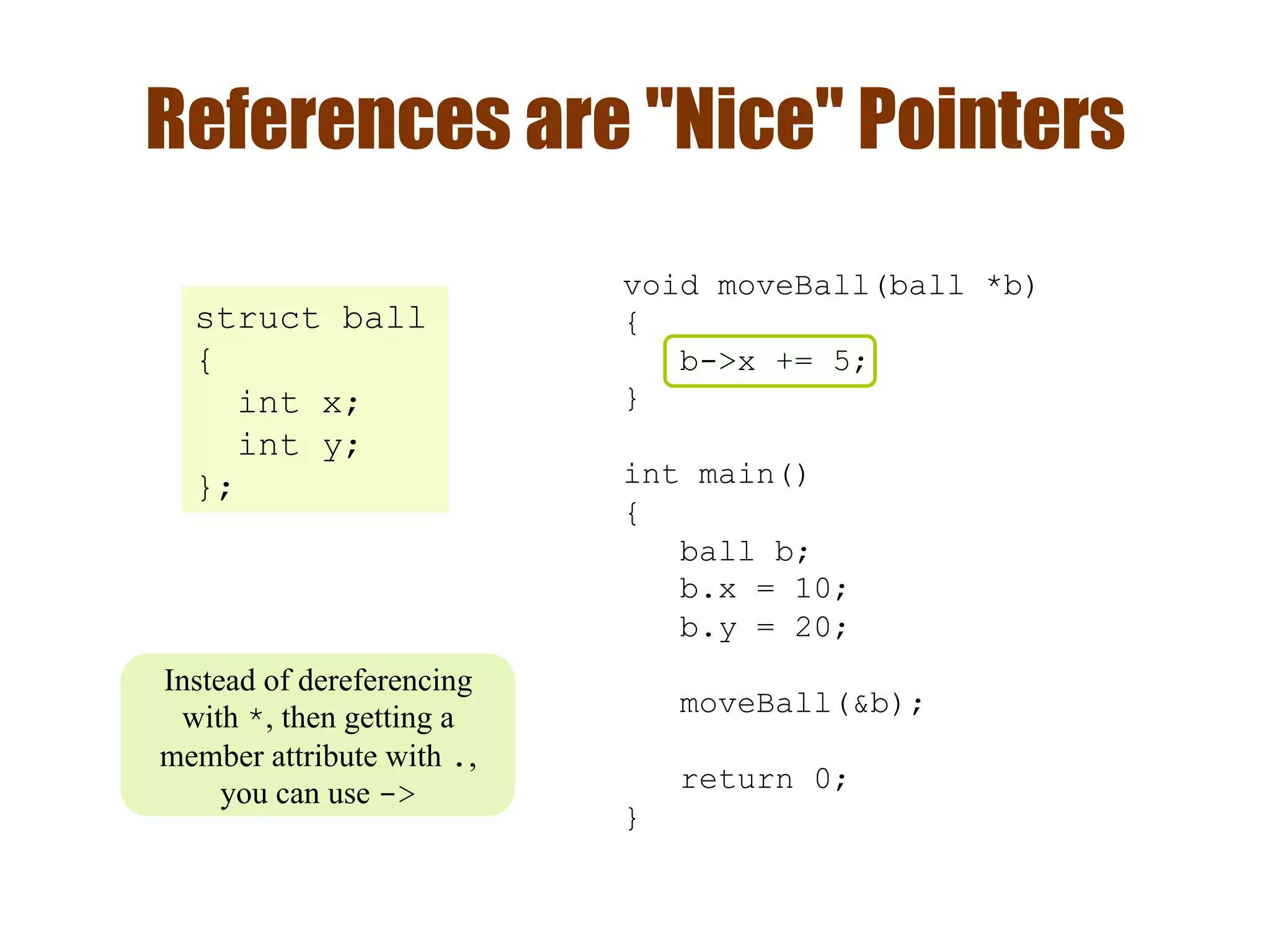 References are "Nice" Pointers
void moveBall(ball *b)
{
b->x += 5;
}
int main()
{
ball b;
b.x = 10;
b.y = 20;
moveBall(&b);
return 0;
}
Instead of dereferencing
with *, then getting a
member attribute with .,
you can use ->
struct ball
{
int x;
int y;
};