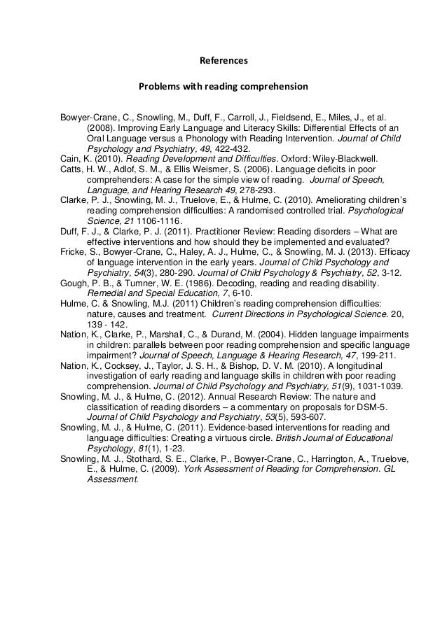 reading comprehension reference list referance list