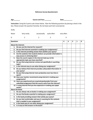 Reference Survey Questionnaire
Age:_______ Course and Year:________ Date:__________
Instruction: Using the 5 point scale shown below. Rate the following questions by placing a check in the
box. Please answer the question honestly. Do not leave each item unanswered.
Scale;
Never Very rarely occasionally quite often very often
0 1 2 3 4
Questions 4 3 2 1 0
About the Internet:
1. Do you use the internet for research?
2. Do you find internet essential in making your assignments?
3. Is the internet providing answer that satisfies your query?
4. Are the websites that students believe can provide information is
easy access in retrieving data?
5. Does the search engine in the internet lead you to the
appropriate topic you have searched?
6. Do you find using internet a stress out specifically in searching
topic?
7. Is the internet easy to use when doing your assignment?
8. Do you believe that internet provides unbounded information in
your query?
9. Do you find using internet more productive even less time is
spent?
10. Does your teacher recommend using internet in making your
assignments?
11. Have you experienced you acquired good grades from your
submitted assignment that the source came from the internet?
12. Is using internet find you less expensive in making your paper
works?
About the Book:
1. Do you always rely on books in making your assignment?
2. Do you find books essential in making your assignment?
3. Is the book providing answers that satisfy your query?
4. Do you feel comfortable and easy in scanning for the contents
that is needed in your assignment?
5. Is the book easy to use when doing your assignment?
6. Is it easy to find answers in the book?
 