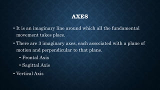 AXES
• It is an imaginary line around which all the fundamental
movement takes place.
• There are 3 imaginary axes, each associated with a plane of
motion and perpendicular to that plane.
• Frontal Axis
• Sagittal Axis
• Vertical Axis
 