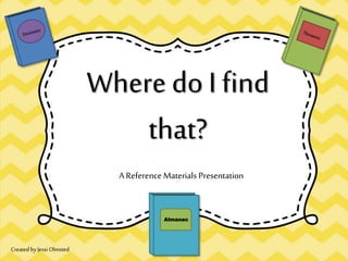 A Reference Materials Presentation
Where do I find
that?
Almanac
Created byJessi Olmsted
 