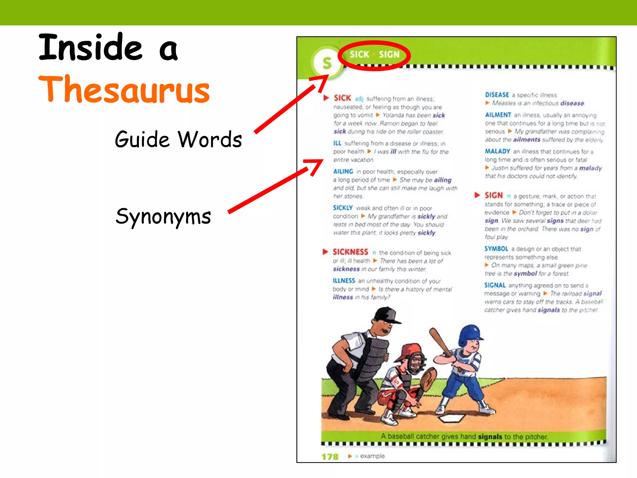 Inside a
Thesaurus
   Guide Words


   Synonyms
 