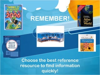 REMEMBER!




 Choose the best reference
resource to find information
          quickly!
 