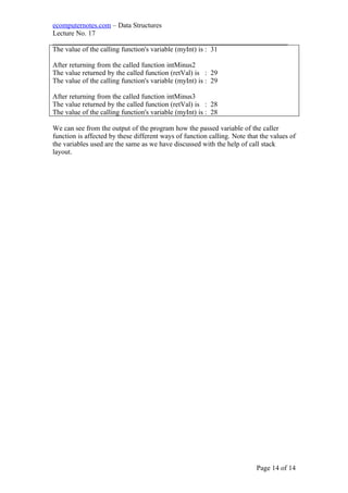 ecomputernotes.com – Data Structures
Lecture No. 17
___________________________________________________________________
The value of the calling function's variable (myInt) is : 31
After returning from the called function intMinus2
The value returned by the called function (retVal) is : 29
The value of the calling function's variable (myInt) is : 29
After returning from the called function intMinus3
The value returned by the called function (retVal) is : 28
The value of the calling function's variable (myInt) is : 28
We can see from the output of the program how the passed variable of the caller
function is affected by these different ways of function calling. Note that the values of
the variables used are the same as we have discussed with the help of call stack
layout.
Page 14 of 14
 