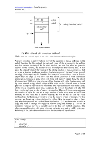 ecomputernotes.com – Data Structures
Lecture No. 17
___________________________________________________________________
Notice that the value of myInt of the caller function has also been changed.
We have seen that in call by value a copy of the argument is passed and used by the
called function. In this method, the original value of the argument in the calling
function remains unchanged. In the other method, we saw that when we pass the
address of the variable, the pointer is used to manipulate the variable data. In this
case, the original value of the variable in the calling function is changed. Suppose that
we want a function to change an object (variable/argument) but don’t want to send
the copy of the object to the function. The reason of not sending a copy is that the
object may be large (as we have seen the object Customer in bank simulation
example) and making a copy of it costs time and memory space. Say, the object
Customer is of 500 bytes. Now when a calling function will call a function using call
by value method, a copy of this object will be made on the call stack same as in our
previous example a copy of myInt was made. The copy constructor will make a copy
of this whole object that costs time. Moreover, the copy of this object will take 500
bytes on the stack that is a lot of memory consuming. There will be as many copies as
the number of calls. In case of a large number of calls, there may be inefficient
memory as call stack has a limited memory. So we do not use call by value
methodology. Furthermore, we want to avoid the massive syntax of pointers. For this
purpose, we do not use pointers in function calling. Now the question arises is there
any way through which we can fulfill our requirement. (i.e. we don’t want to make a
copy and want to change the objective without using the pointers ). The use of
reference variables may be a suitable answer to this very ticklish situation. The
phenomenon of function calls using reference variables is termed as call by reference.
Following is the code of the caller function that involves call by reference.
Void caller()
{
int retVal;
int myInt = 31;
Page 9 of 14
31 29
29
callers other
stuff
stack grows downward
sp
1072
1068
myInt
retVal
calling function “caller”
Fig 17.8: call stack after return from intMinus2
 